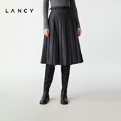 高级感简约羊毛A字百褶裙中长款 LANCY 朗姿2025冬新款 灰色半身裙
