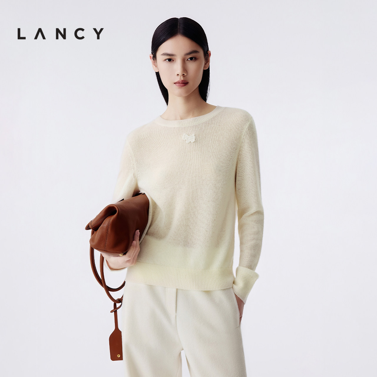 【纯羊绒】LANCY/朗姿2025冬新款圆领基础内搭毛衣针织衫上衣白