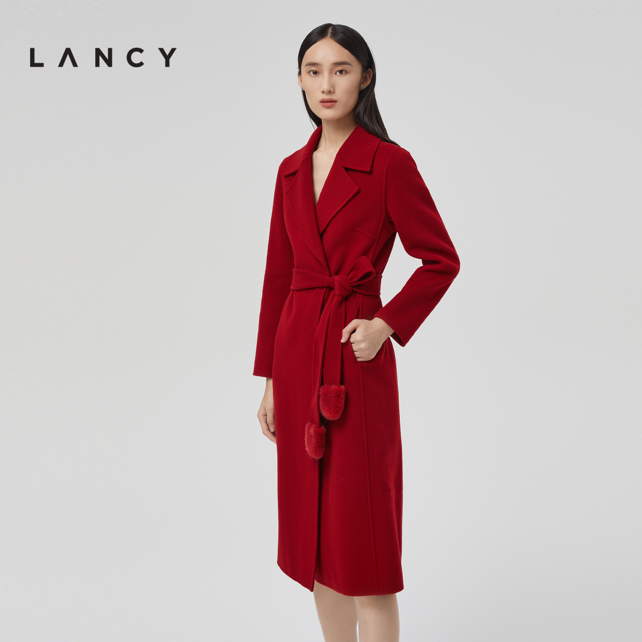 LANCY/朗姿秋冬季新款毛呢外套女中长款翻领气质通勤纯羊毛大衣女