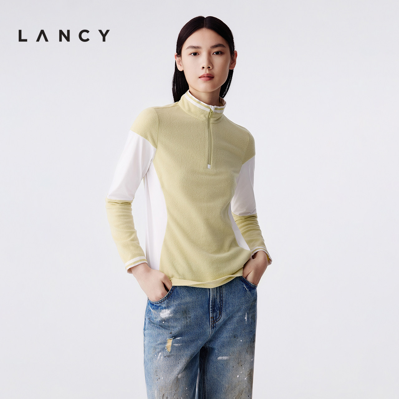 LANCY/朗姿2025冬季新款拼色立领半拉链运动风打底衫休闲上衣女秋