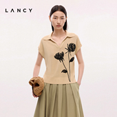 朗姿2025年夏新款 时尚 绳绣短袖 LANCY polo领针织衫 女松弛感上衣
