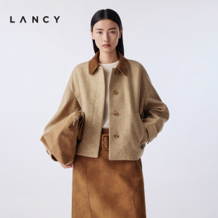 朗姿2025冬新款 LANCY 复古简约粗花呢短外套翻领夹克女 纯羊毛