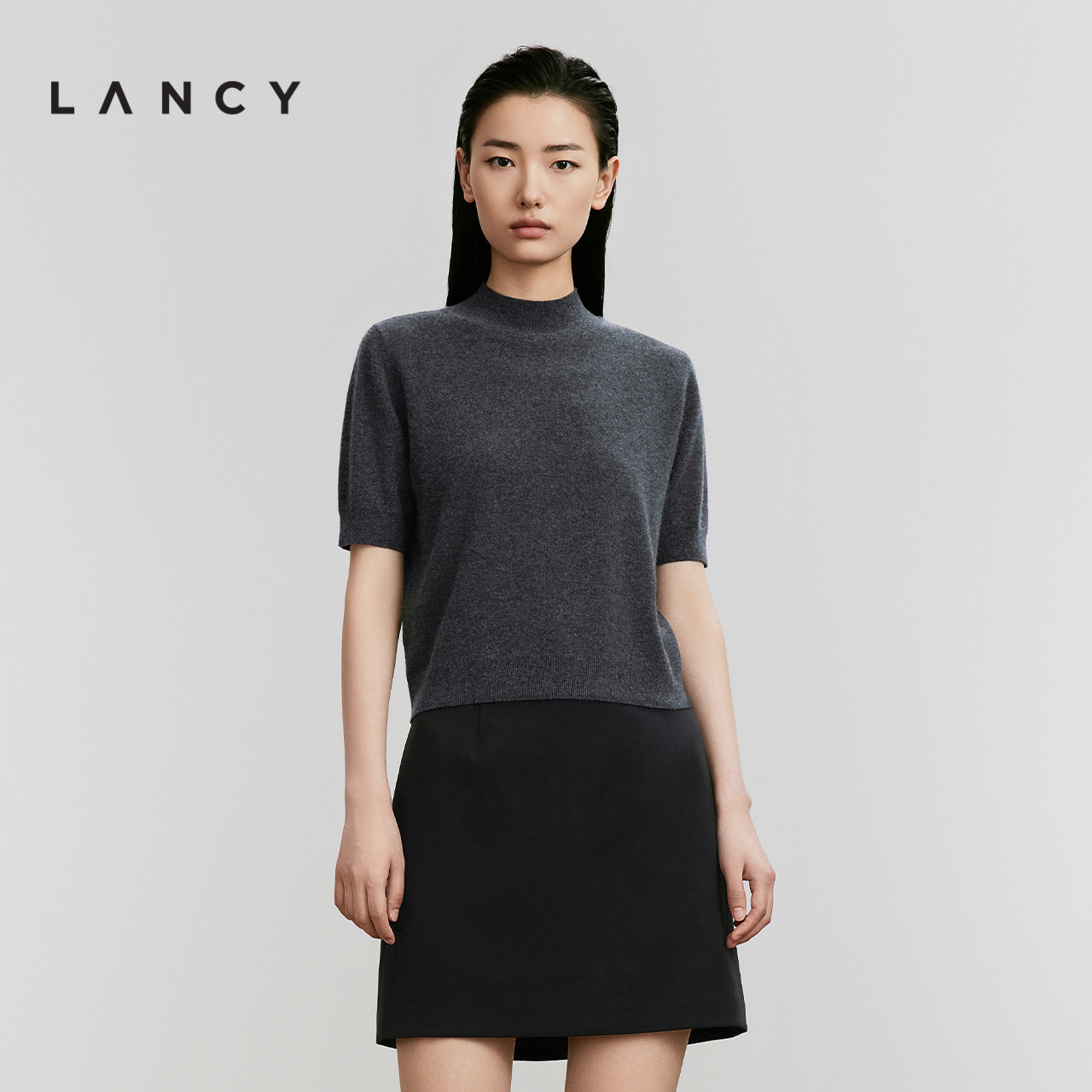 【可机洗】LANCY/朗姿2024冬新款100%羊绒短袖半高领针织衫T恤女