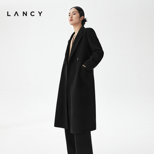 毛呢外套女经典 式 羊毛羊绒黑西装 LANCY 长款 朗姿2023秋冬新款 过膝