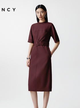 LANCY/朗姿2025秋季新款高端半高领羊毛收腰直筒修身气质连衣裙