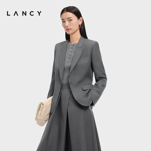 通勤戗驳领西装 朗姿2026春新款 LANCY 外套灰商务西服女 纯羊毛