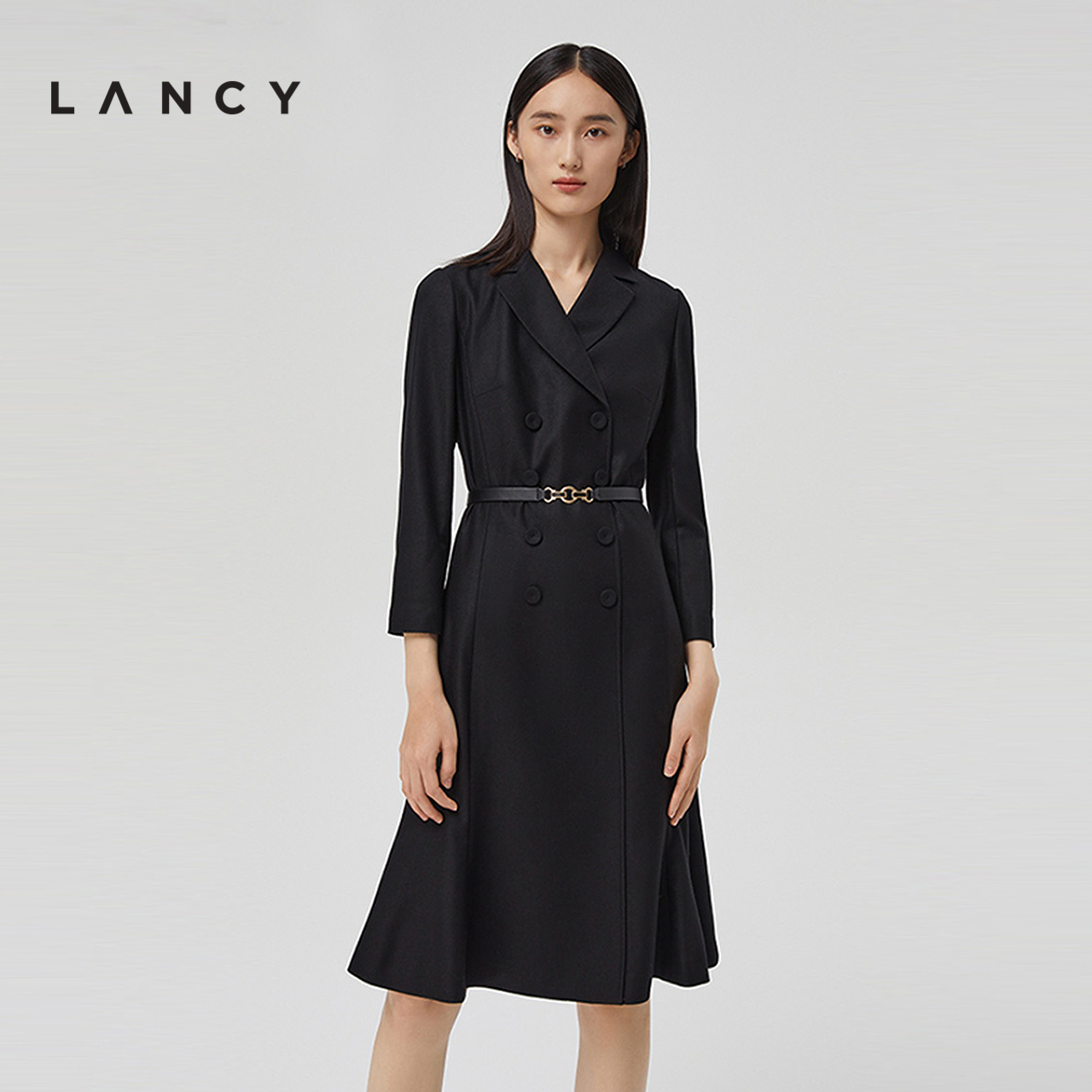 LANCY/朗姿秋季新款黑色长袖羊毛裙子中长款职业气质西装连衣裙女