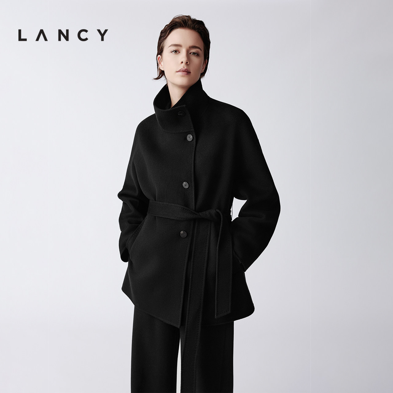 【羊毛羊绒】LANCY/朗姿2025冬新款双面呢优雅立领系带收腰大衣女