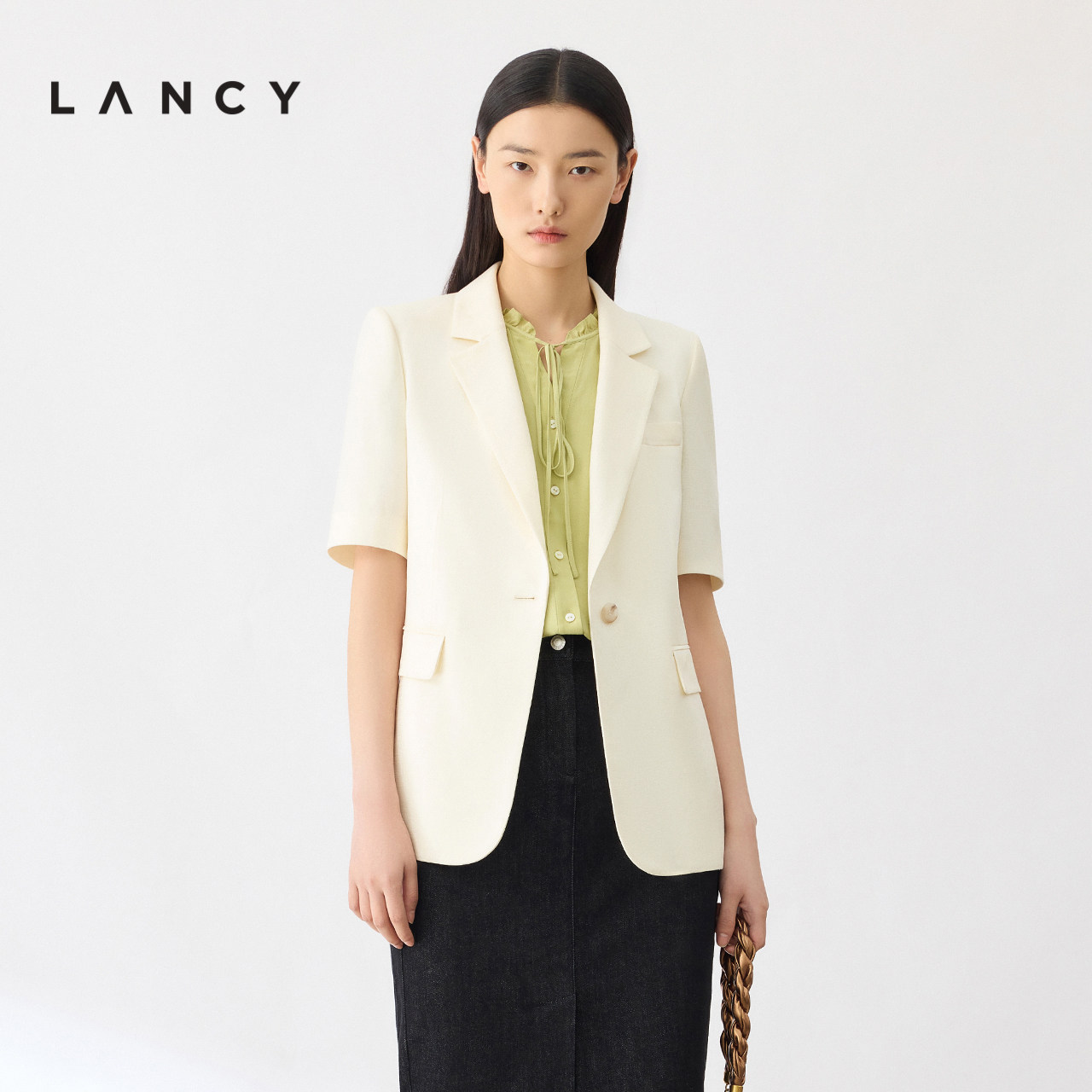 LANCY/朗姿2024夏季醋酸法式短袖西装外套通勤一粒扣白西服上衣女,女装/女士精品,西装,淘宝优惠券,粉丝福利购,淘宝优惠卷