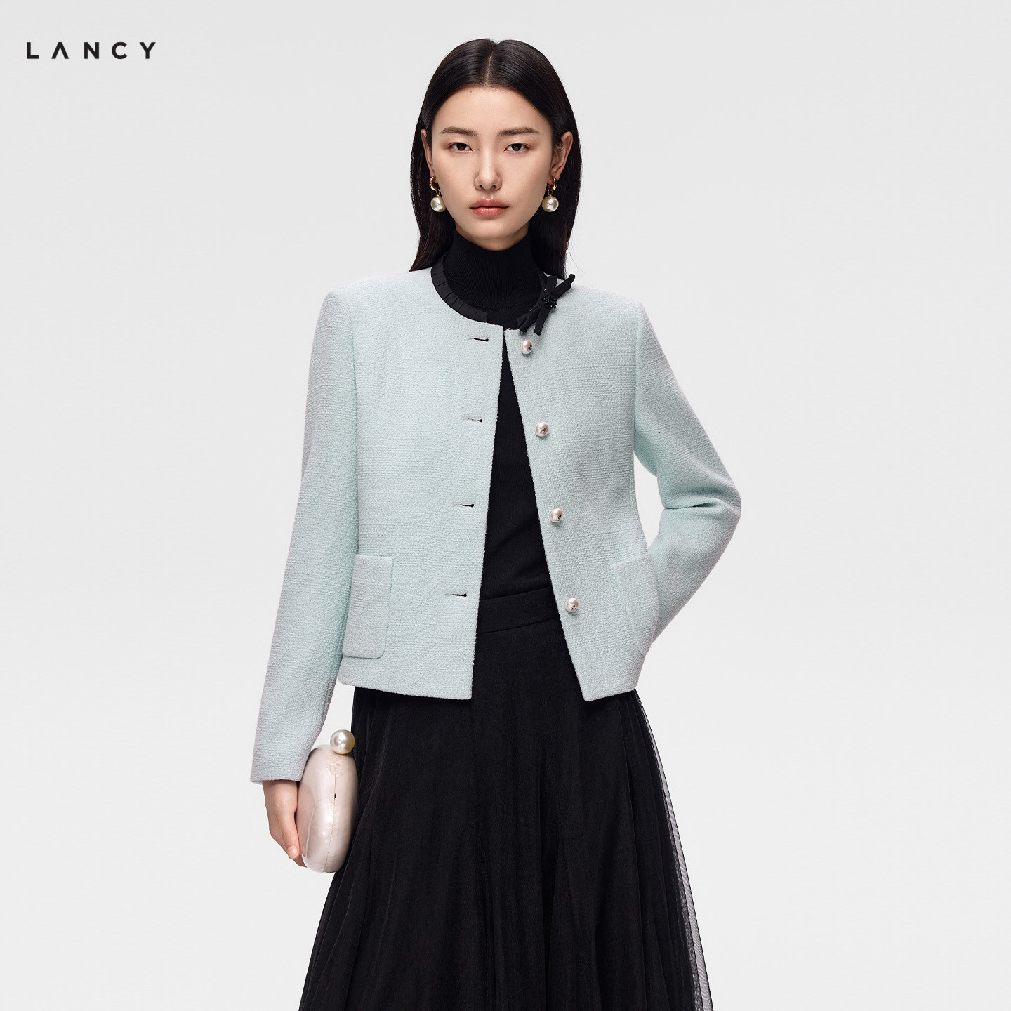 LANCY/朗姿2026秋季新款法式优雅小香风短外套可拆卸蝴蝶结上衣女图片