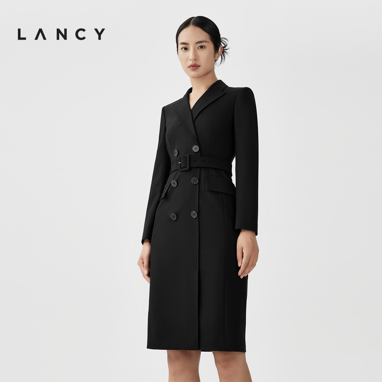 LANCY/朗姿2023秋冬季新款黑色西装连衣裙收腰显瘦长袖羊毛裙子女