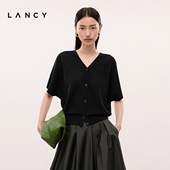 黑色开衫 LANCY 女 针织衫 短袖 朗姿2025夏新款 高级感轻薄V领蝙蝠袖