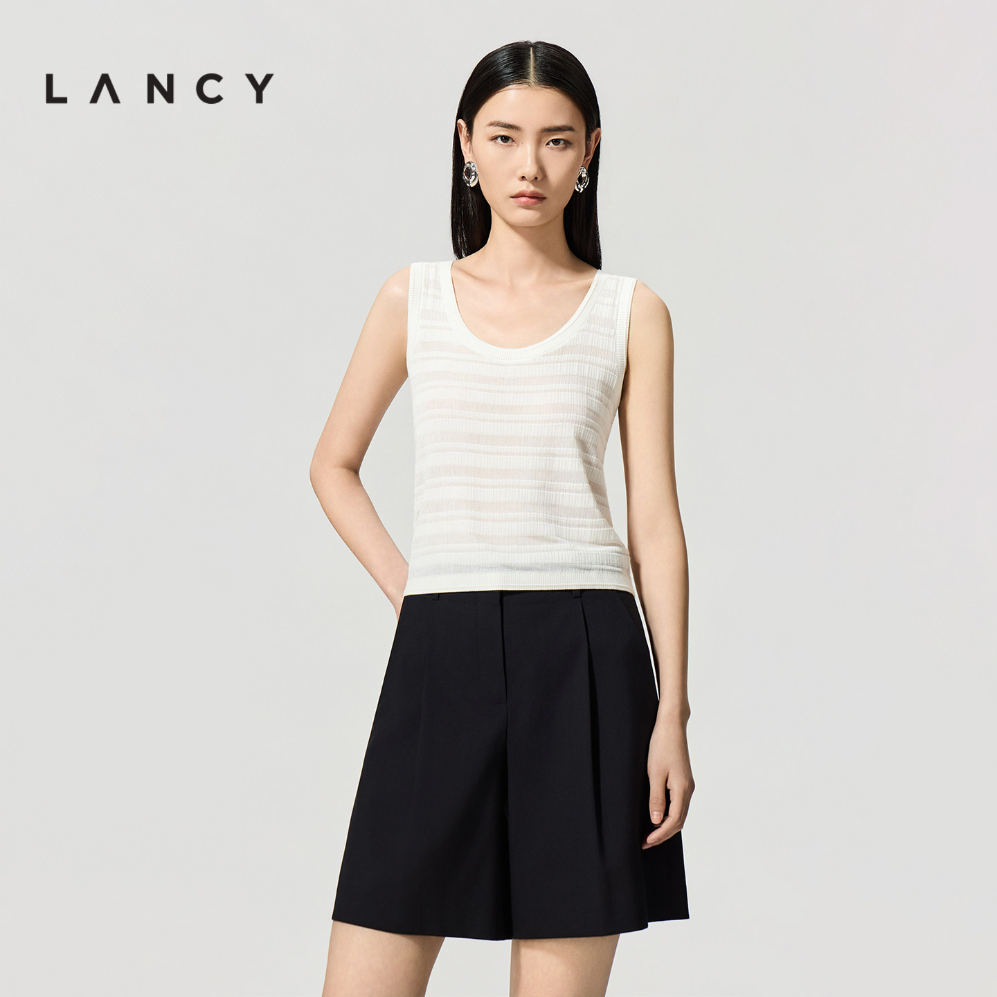 【秀场同款】LANCY/朗姿2026夏新款醋酸棉气质条纹镂空背心吊带女