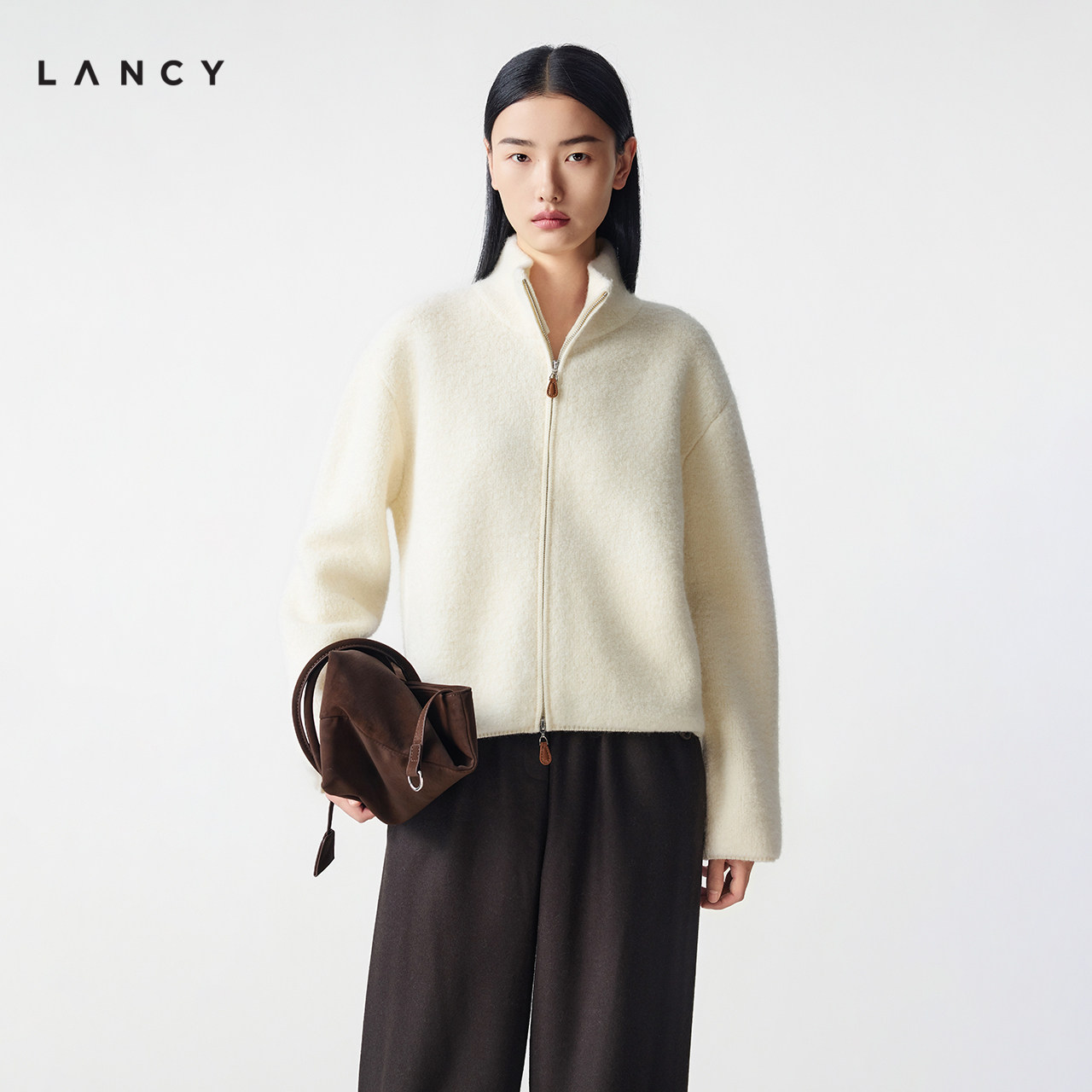 【纯羊毛】LANCY/朗姿冬季新款气质简约立领双拉链针织开衫外套女