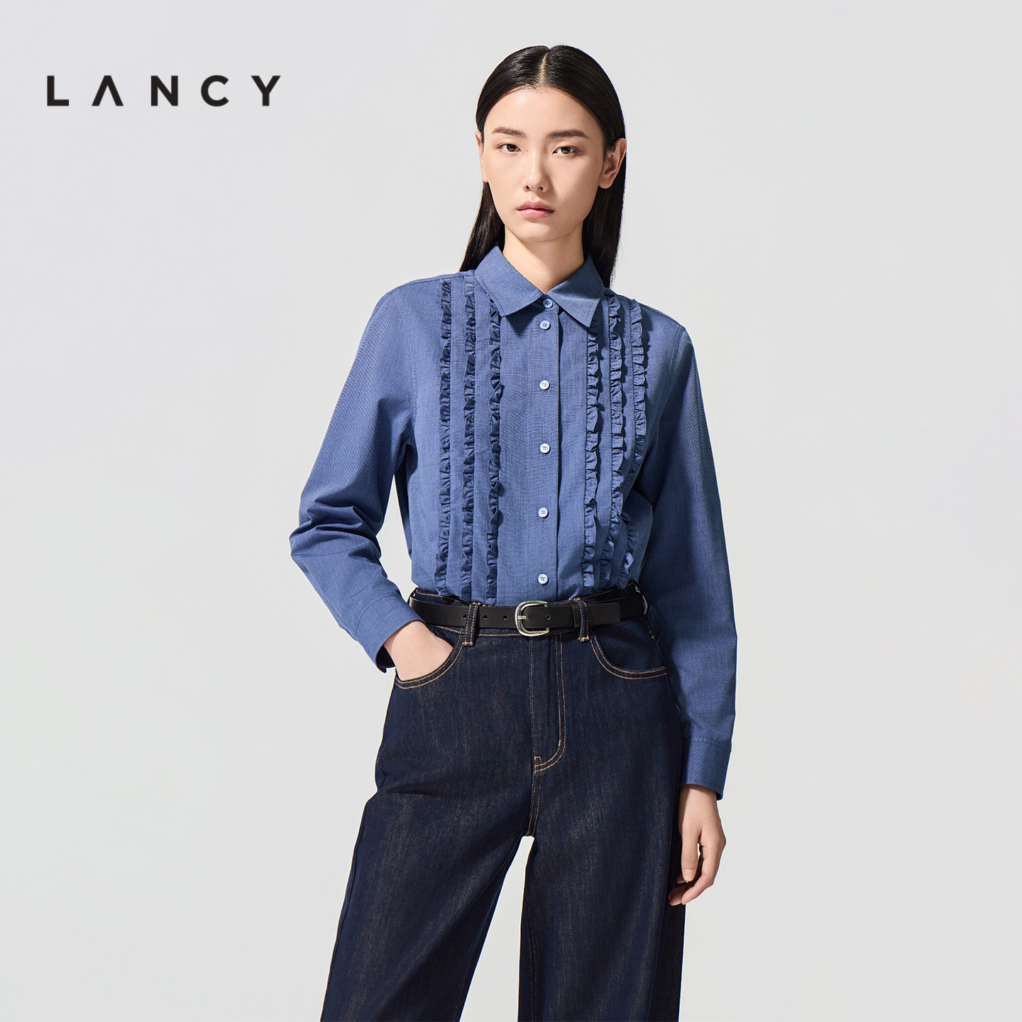LANCY/朗姿2026年春季新款法式高级感荷叶边棉感长袖女士衬衫上衣图片