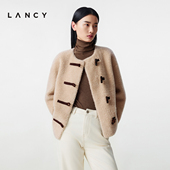 纯羊毛 LANCY 朗姿2025冬季 新款 复古英伦牛角扣颗粒大衣外套短