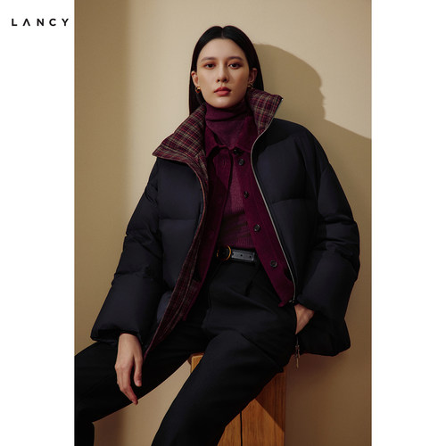 【匈牙利白鹅绒】LANCY/朗姿26冬新款复古格纹立领短款黑羽绒服女