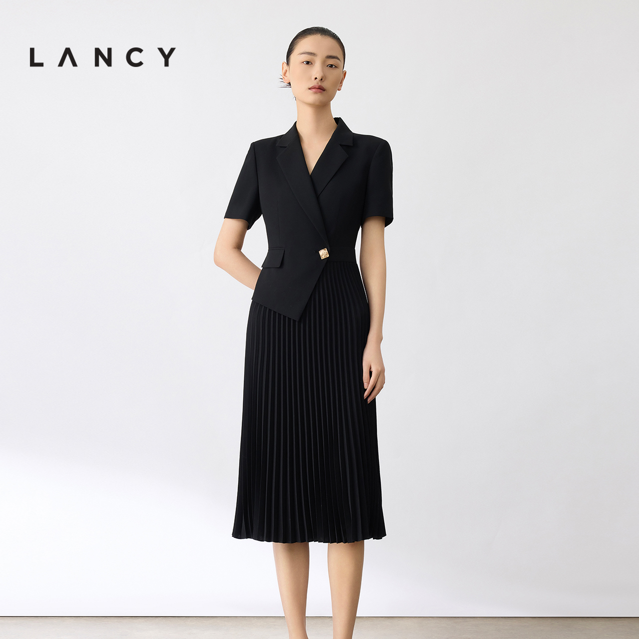 LANCY/朗姿2024夏季新款黑色拼接西装连衣裙女收腰显瘦假两件裙子