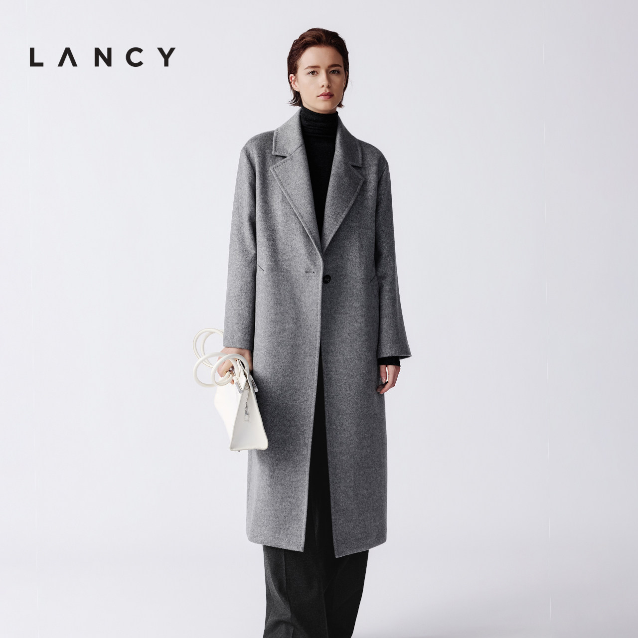 【羊绒】LANCY/朗姿2025冬季新款翻领长款高端气质灰色毛呢子大衣