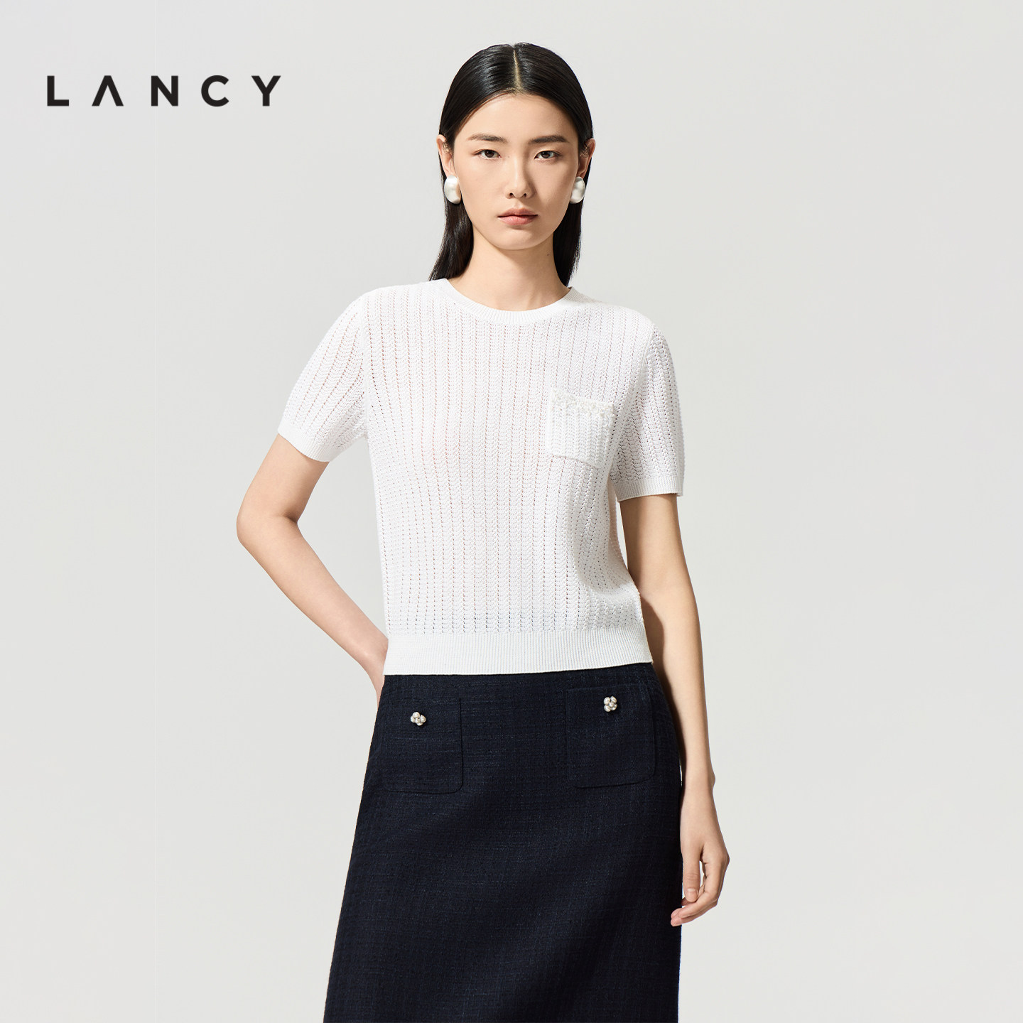 LANCY/朗姿2026夏季新款亚麻气质高级感圆领短袖针织衫镂空短上衣