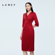 朗姿2023夏季 新款 中长款 宴会婚礼礼服中长款 收腰红色连衣裙 LANCY