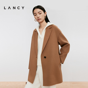 LANCY 纯羊毛简约风廓形双面呢大衣女中长毛呢外套 朗姿2024冬新款