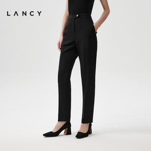 朗姿2024春季 女高腰垂感休闲黑裤 新款 直筒萝卜裤 子 气质修身 LANCY