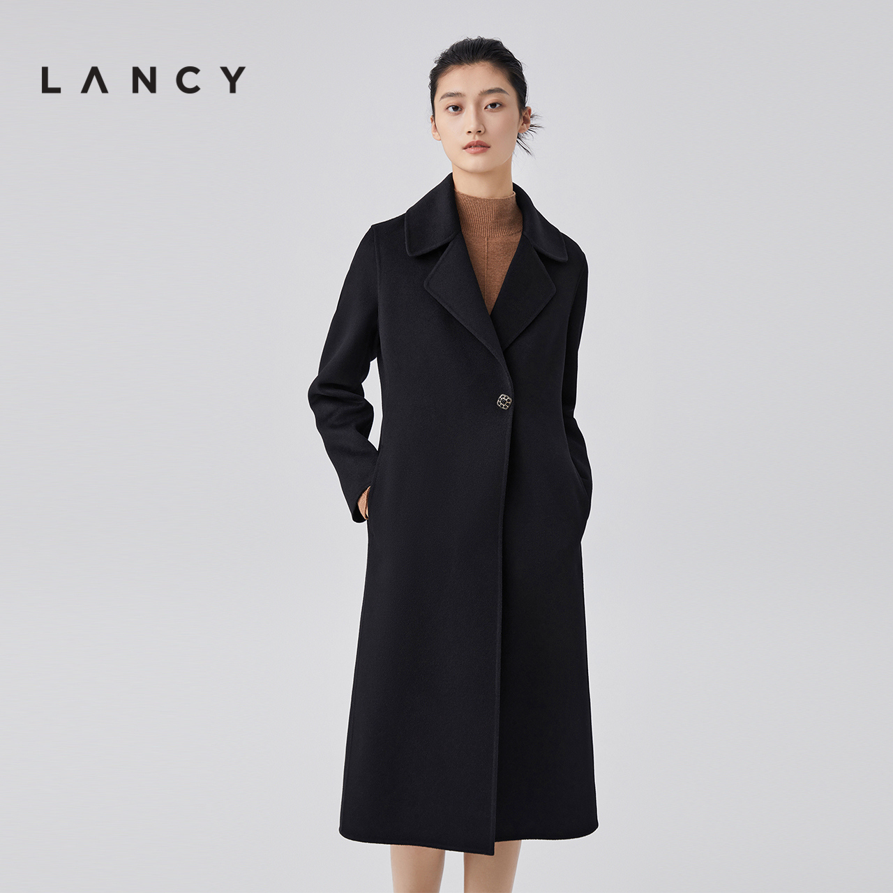 LANCY/朗姿2024冬新款羊毛羊绒中长毛呢大衣一粒扣气质修身外套女