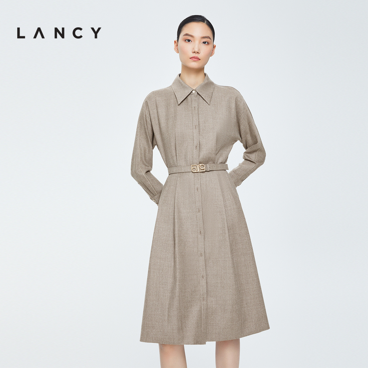 LANCY/朗姿羊毛2022冬季新款衬衫式连衣裙收腰显瘦通勤高端女裙子