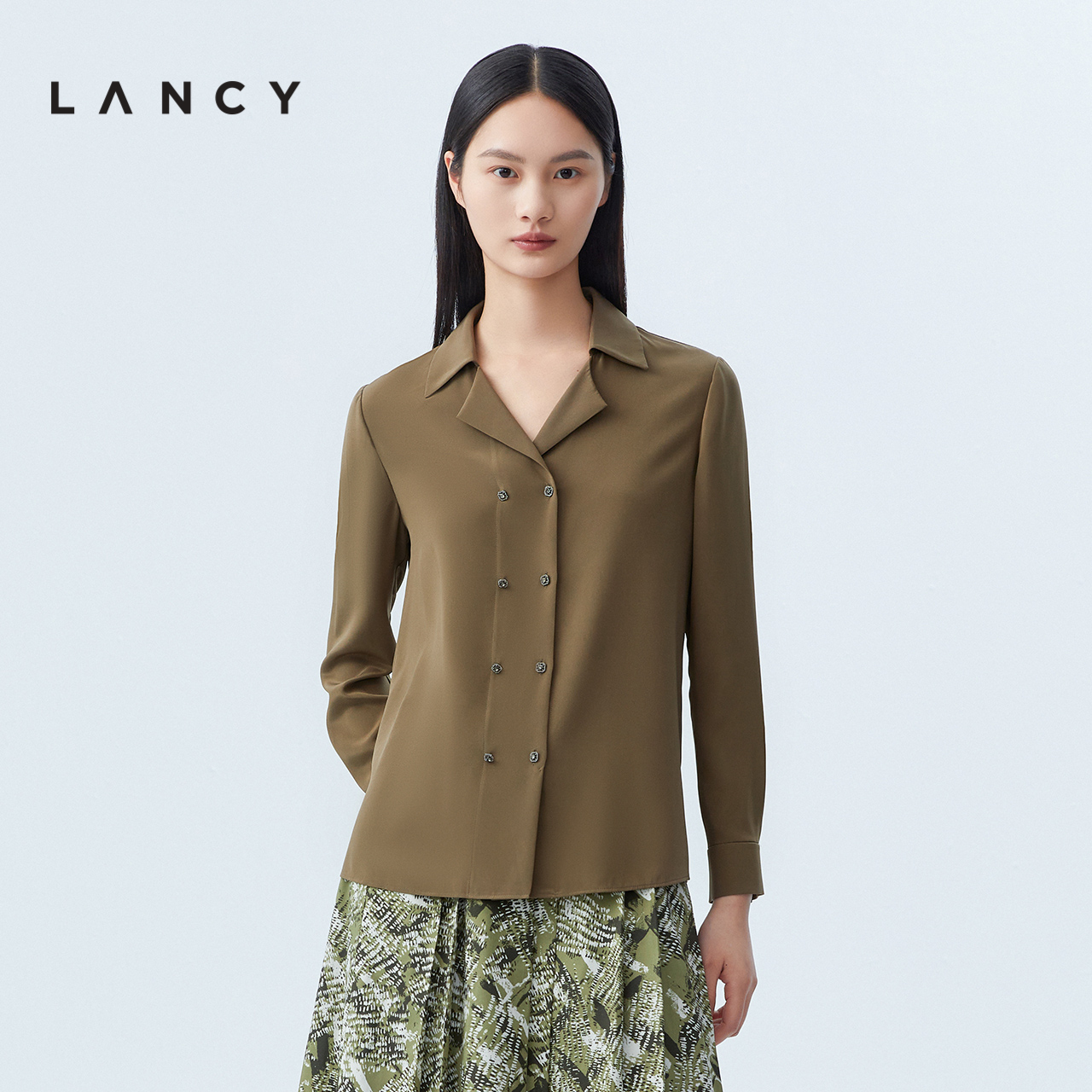 LANCY/朗姿女装2023秋季新款桑蚕丝衬衫女双排扣长袖纯色职业衬衣