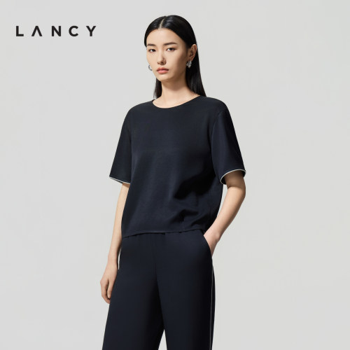 【醋酸】LANCY/朗姿2026夏季新款圆领套头短袖衬衫设计感系带上衣