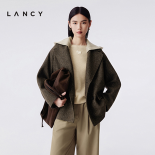 高级感通勤翻领连帽毛呢西装 朗姿2025冬新款 LANCY 外套女 羊毛