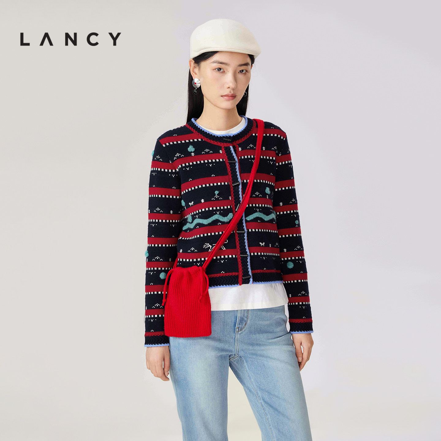 【马踏春风】LANCY/朗姿2026春季新款羊毛羊绒新年红色抽绳针织包