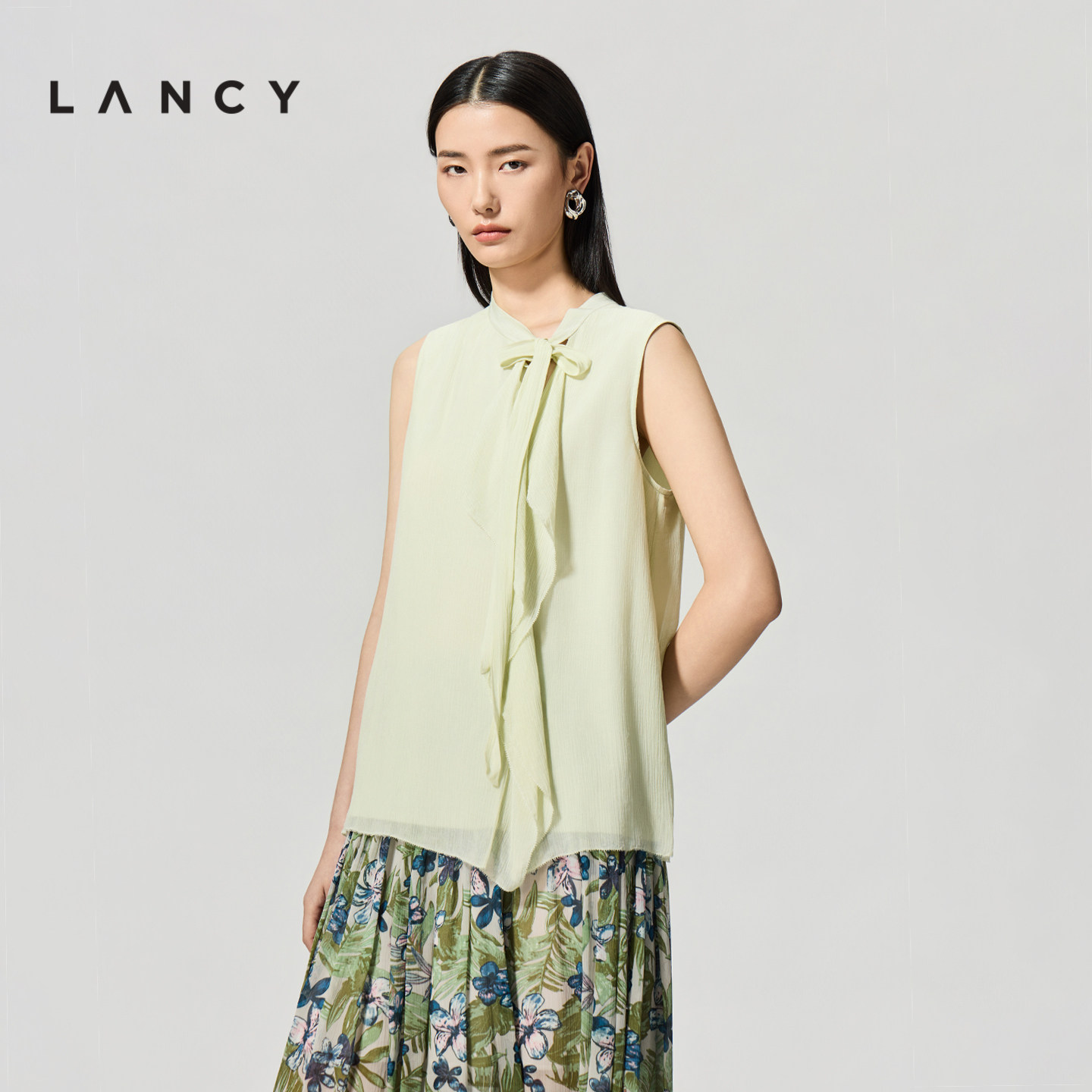 【秀场同款】LANCY/朗姿2026夏新款法式飘带无袖轻薄雪纺衬衫女