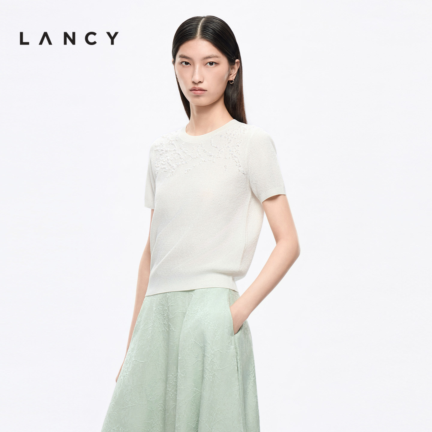 LANCY/朗姿2026夏季新款气质醋酸棉重工珠片提花圆领短袖针织衫女