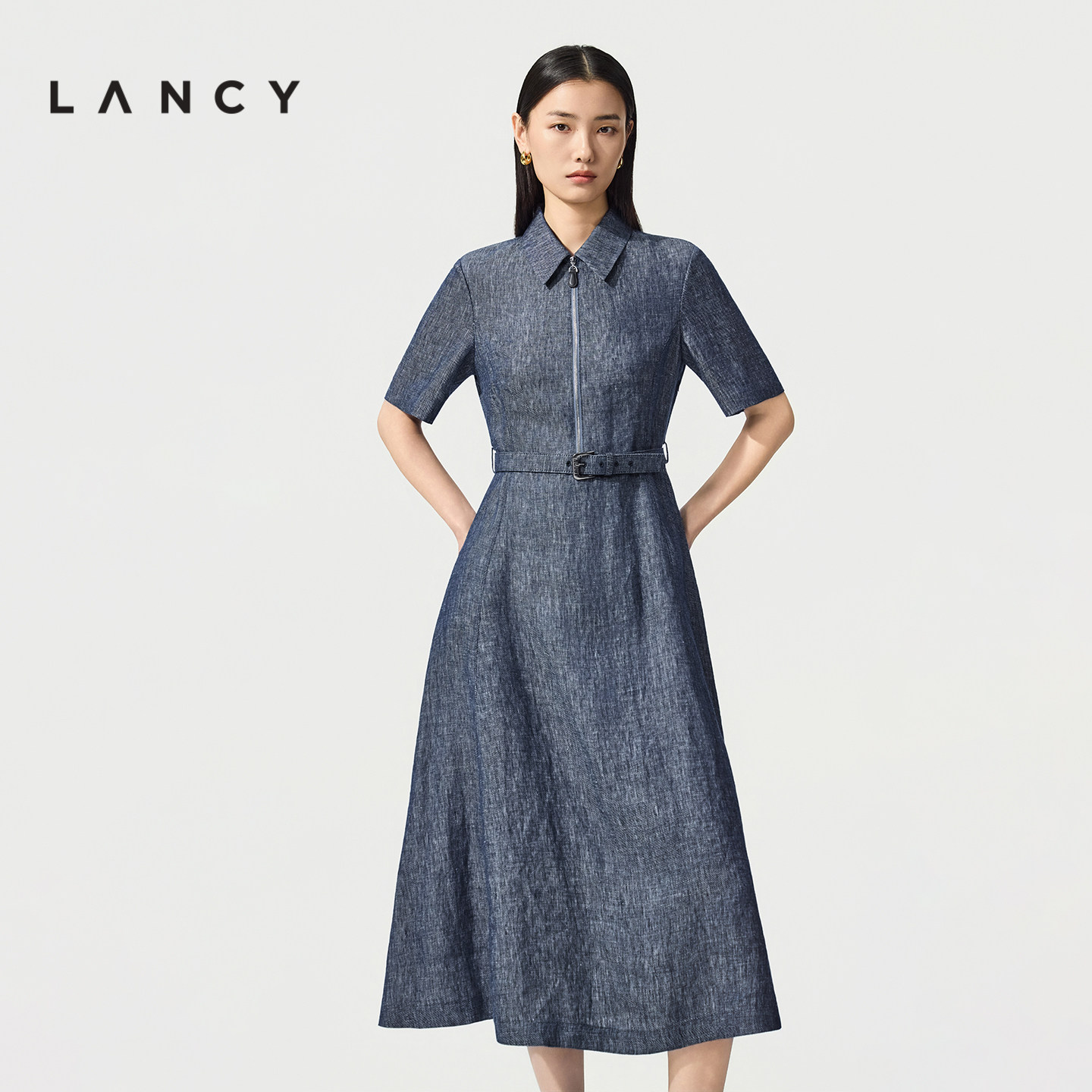 LANCY/朗姿2026春季新款气质收腰A字藏蓝色牛仔衬衫裙中长连衣裙