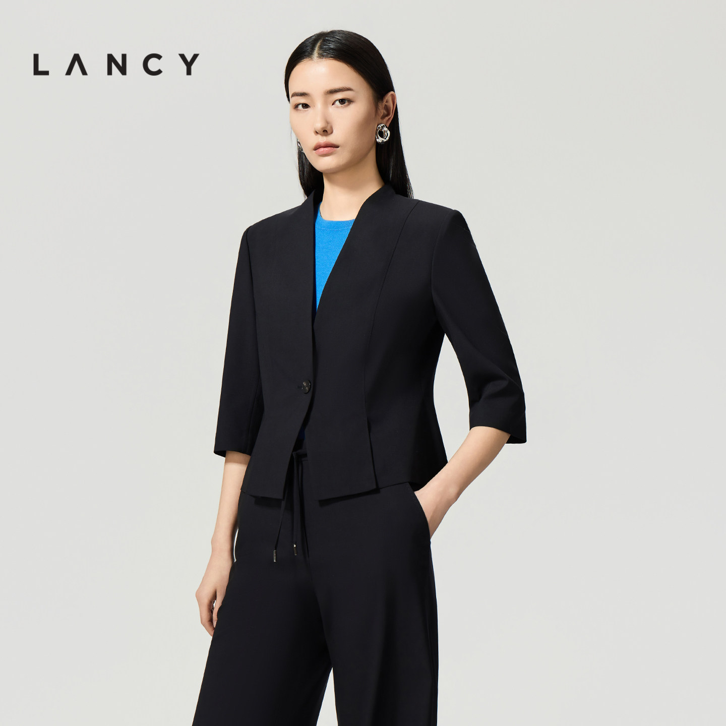 【纯羊毛】LANCY/朗姿2026夏新款通勤收腰短西装外套阔腿西裤套装