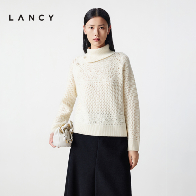 【纯羊毛】LANCY/朗姿2025冬新款新中式斜襟针织衫女高领钩花上衣