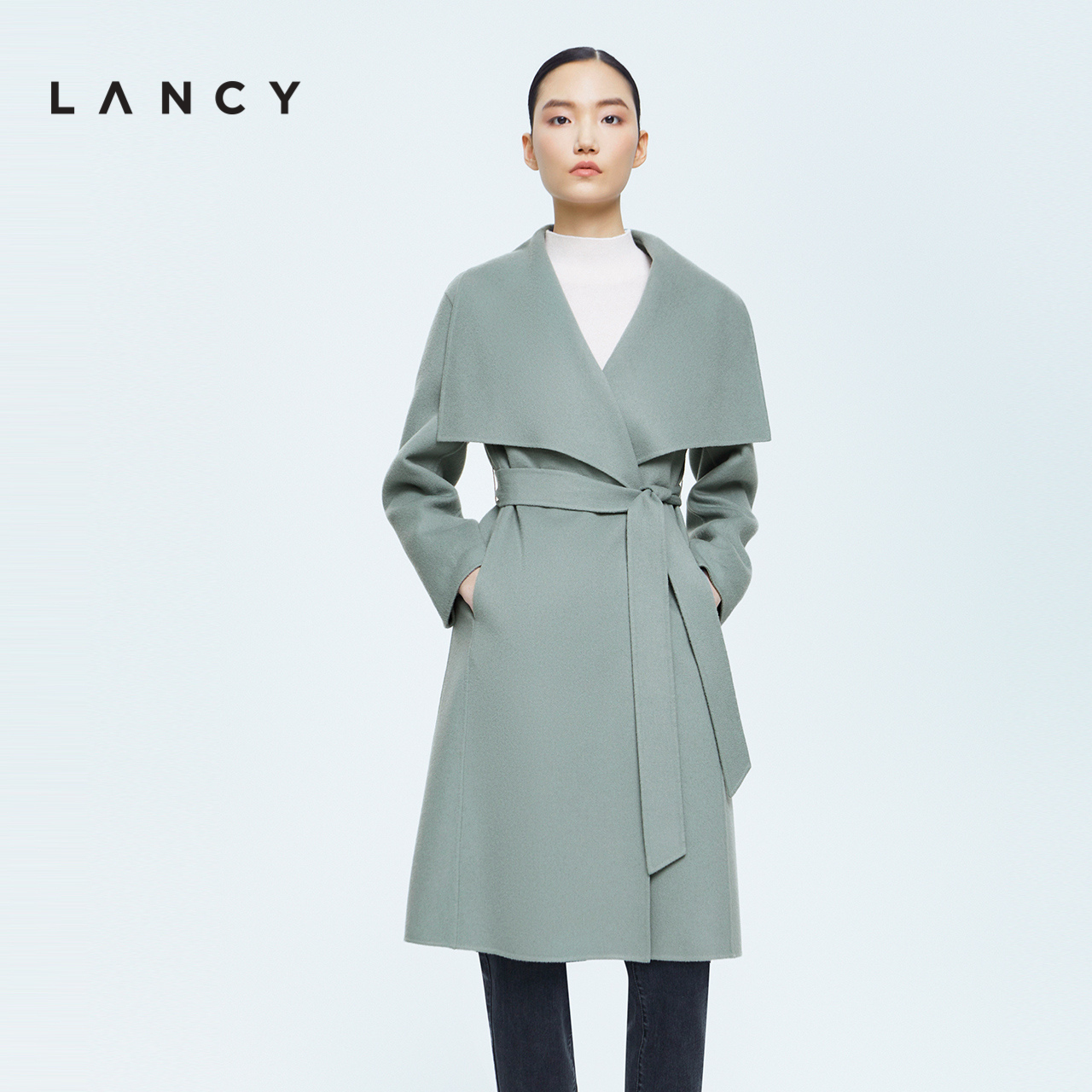 LANCY/朗姿秋冬季新款羊毛羊绒大衣中长款收腰修身毛呢外套女气质