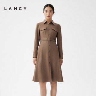 LANCY/朗姿2023秋冬新款长袖中长款收腰羊毛衬衫连衣裙女法式气质