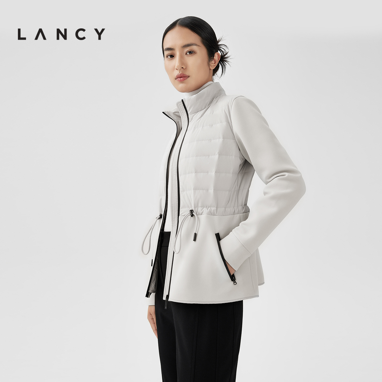 LANCY/朗姿2023冬季新款轻薄短款羽绒服女白鹅绒设计感拼接短外套