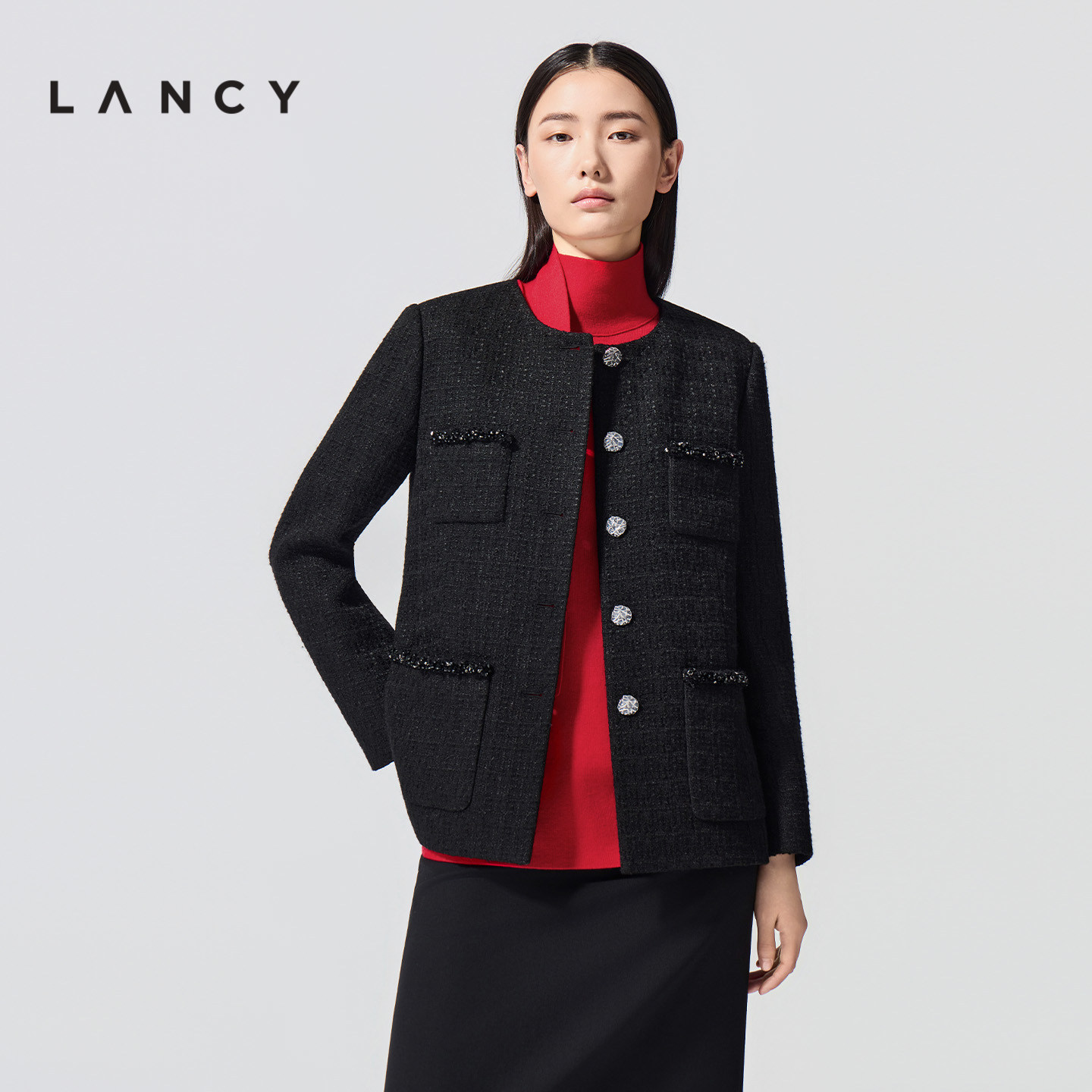 LANCY/朗姿2026春新款法式小香风粗花呢短外套女圆领钉珠黑色上衣,女装/女士精品,短外套,淘宝优惠券,粉丝福利购,淘宝优惠卷