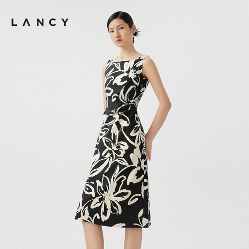 LANCY/朗姿2024夏季新款无袖收腰真丝印花连衣裙气质优雅抽褶裙子