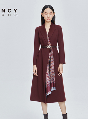 LANCY/朗姿2024秋季法式气质羊毛西装连衣裙高级感收腰长袖裙子女