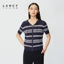 开衫 LANCY 悦朗姿2023夏季 连帽撞色针织衫 女条纹短袖 短外套 新款