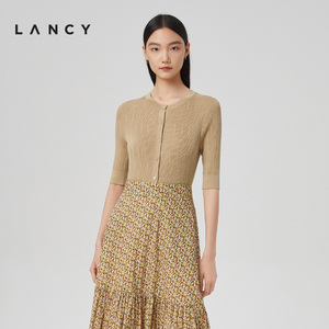 LANCY/朗姿女装2023春季新款圆领开衫女真丝短袖针织开衫收腰显瘦