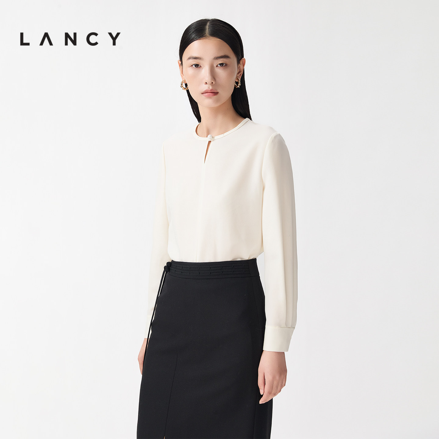 【金玉满棠】LANCY/朗姿2026春羊毛蚕丝新年新中式盘扣衬衫女