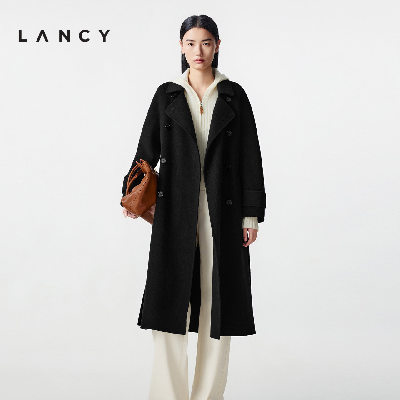 翻领设计 双排扣饰 同色腰带