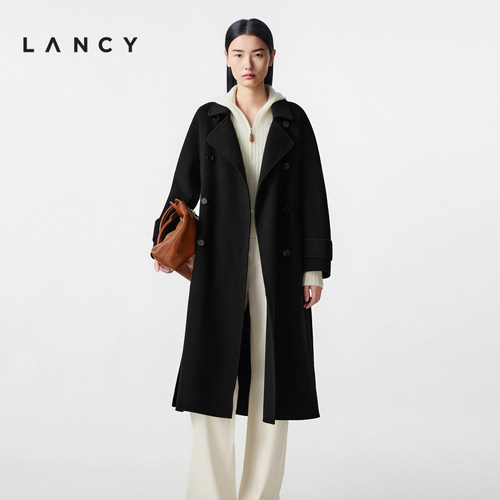 翻领设计 双排扣饰 同色腰带