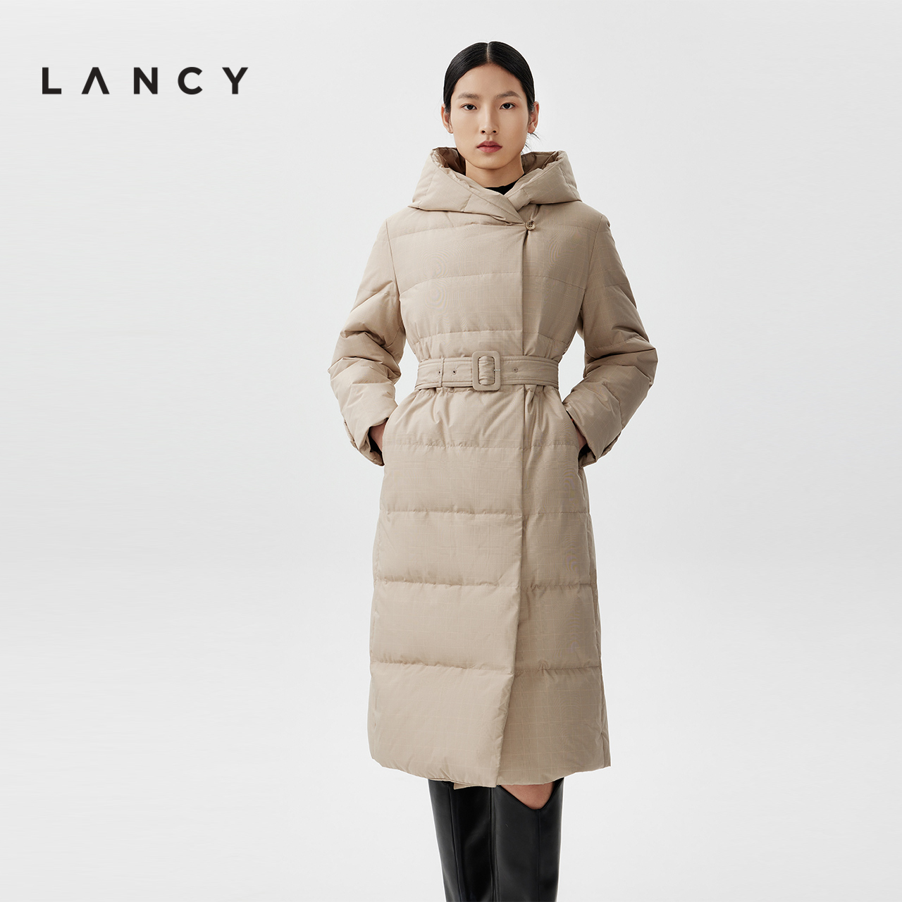 LANCY/朗姿冬季新款白鹅绒连帽羽绒服女中长款收腰腰带防风高级感